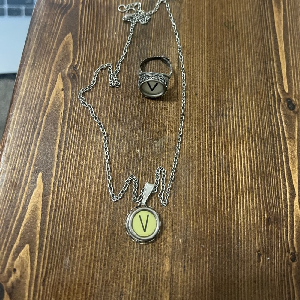 Matching necklace and ring hand made from typewriter keys letter, V